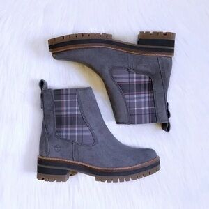TIMBERLAND Women's Courmayeur Valley Mid Chelsea Boot 8.5 Grey Suede w Plaid